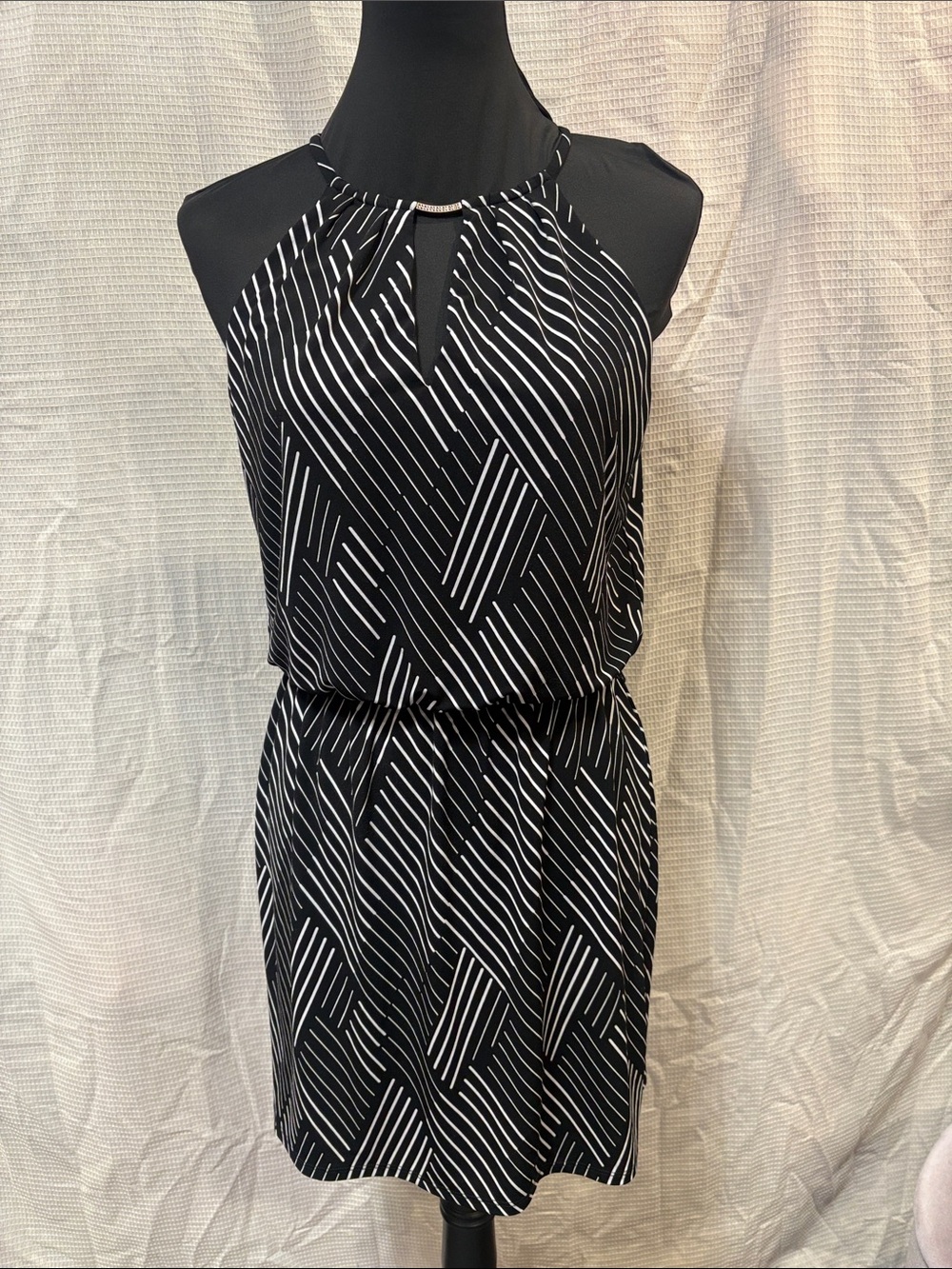 White House Black Market Black and White Striped Halter Neck Mini Dress